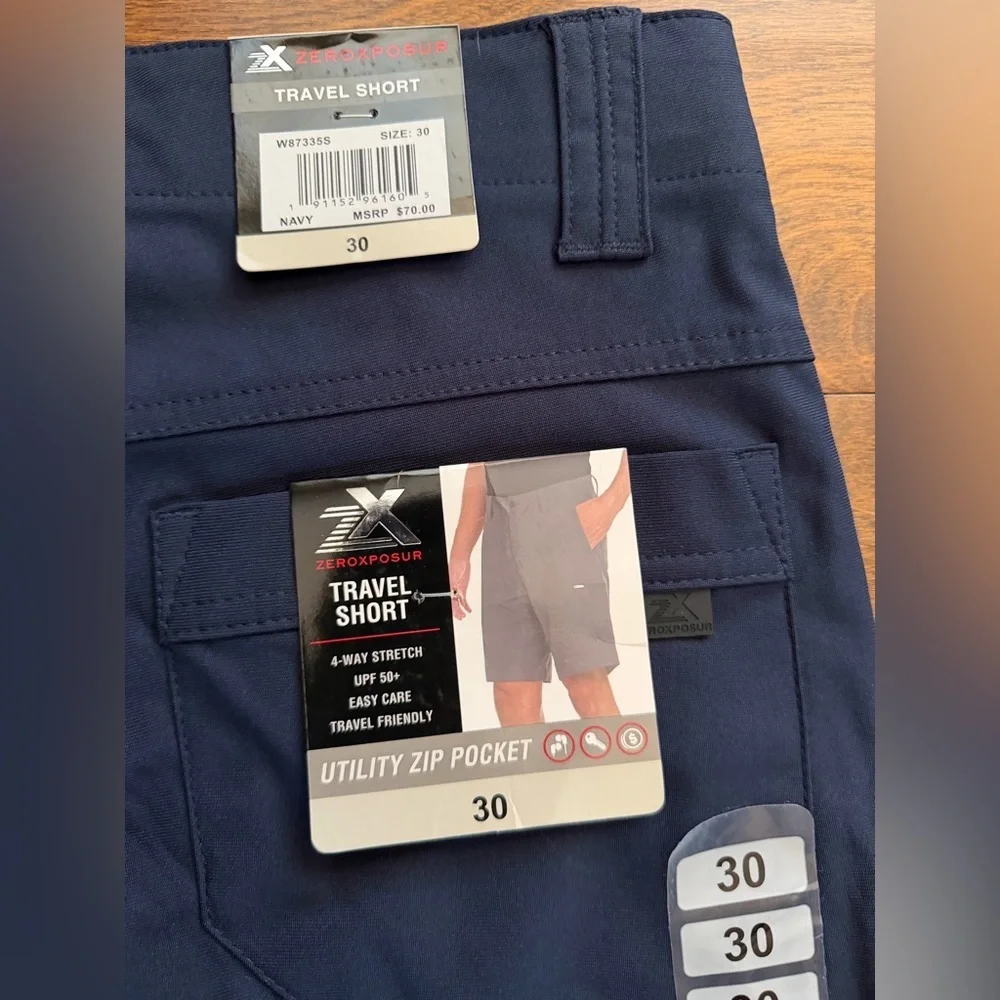 ZeroXposur Travel Shorts Mens 30 Navy Utility Zip Pocket 4-Way Stretch UPF 50+